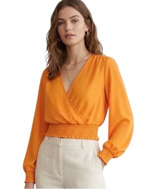 NEW Wilfred Reign Smocked Blouse Surplice Top Long Sleeve Flowy Tuscan Sun